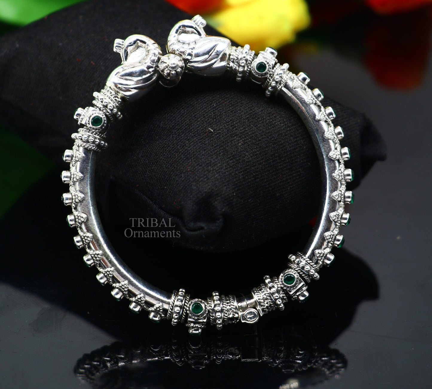 925 Sterling silver handmade vintage peacock design cubic zircon stone tribal ethnic belly dance bangle bracelet gifting kada Rnsk482 - TRIBAL ORNAMENTS