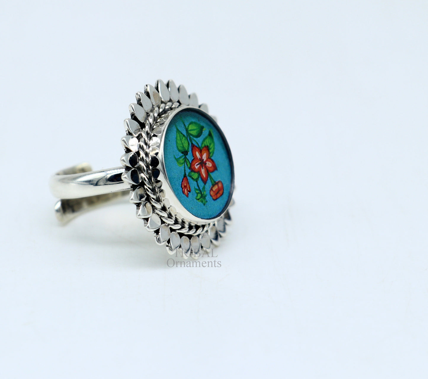 925 sterling silver adjustable ring band fabulous flower design miniature art painting ring Stylish ethnic party jewelry RRing509 - TRIBAL ORNAMENTS