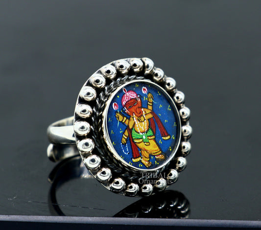 925 sterling silver adjustable ring band with fabulous lord Ganesh miniature art painting ring Stylish ethnic party jewelry RRing519 - TRIBAL ORNAMENTS