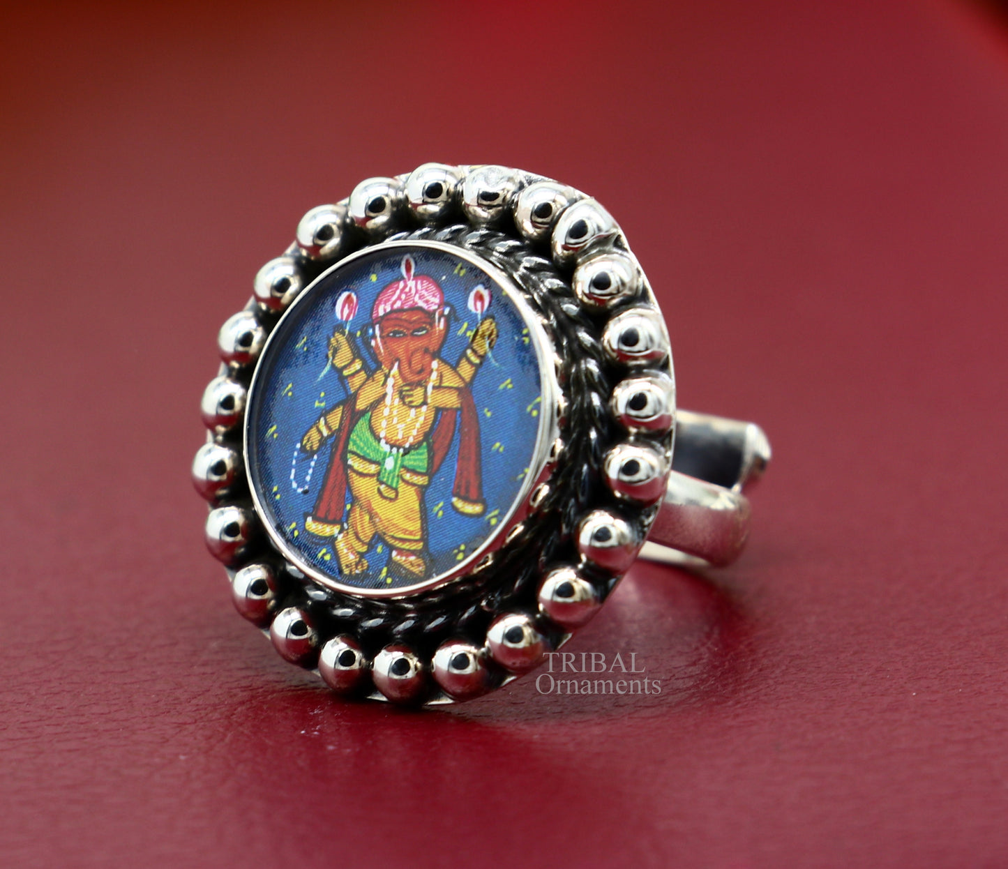 925 sterling silver adjustable ring band with fabulous lord Ganesh miniature art painting ring Stylish ethnic party jewelry RRing519 - TRIBAL ORNAMENTS