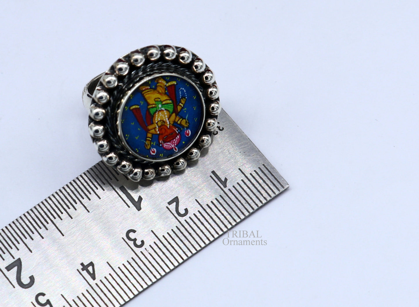 925 sterling silver adjustable ring band with fabulous lord Ganesh miniature art painting ring Stylish ethnic party jewelry RRing519 - TRIBAL ORNAMENTS