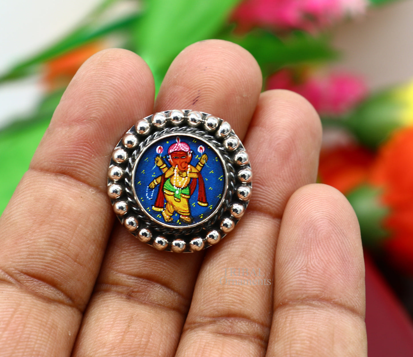 925 sterling silver adjustable ring band with fabulous lord Ganesh miniature art painting ring Stylish ethnic party jewelry RRing519 - TRIBAL ORNAMENTS