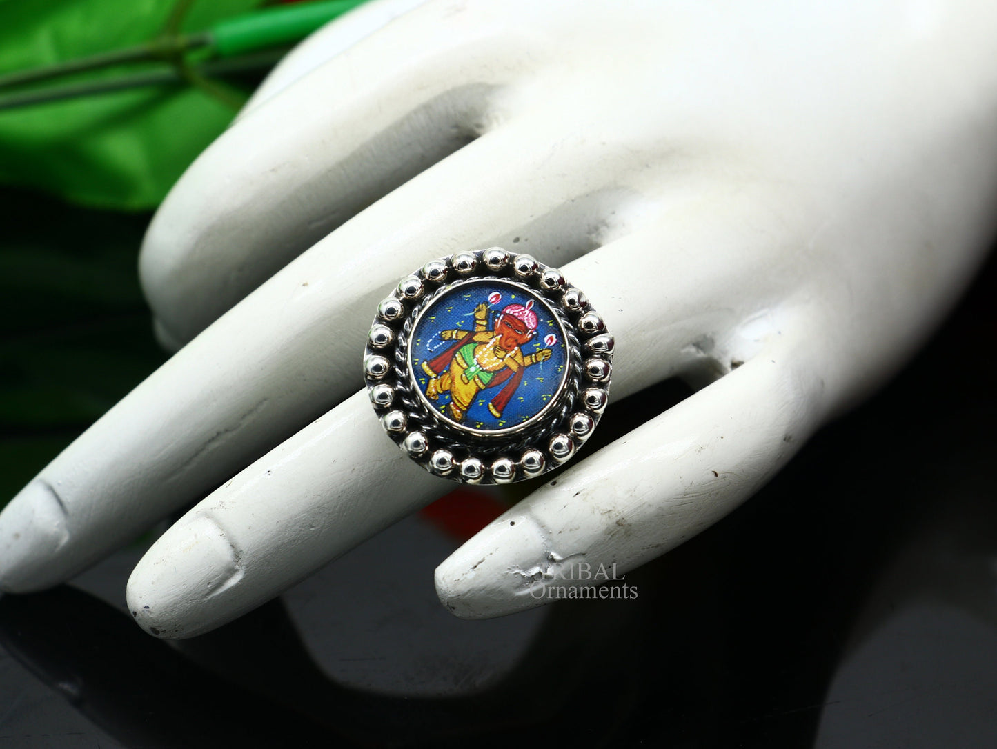925 sterling silver adjustable ring band with fabulous lord Ganesh miniature art painting ring Stylish ethnic party jewelry RRing519 - TRIBAL ORNAMENTS