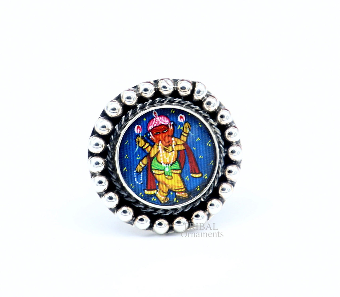 925 sterling silver adjustable ring band with fabulous lord Ganesh miniature art painting ring Stylish ethnic party jewelry RRing519 - TRIBAL ORNAMENTS