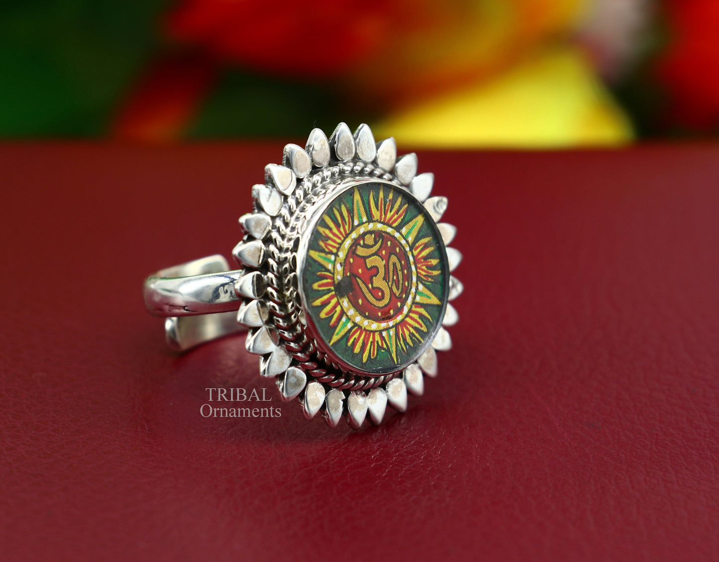 925 sterling silver band fabulous Idol Aum or OM miniature art painting ring Stylish ethnic party functional jewelry RRing510 - TRIBAL ORNAMENTS
