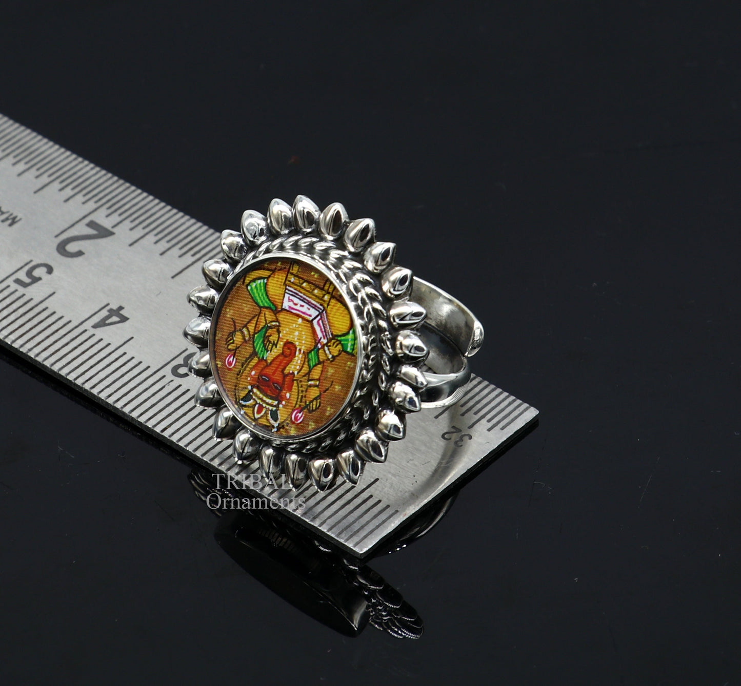 925 sterling silver adjustable ring band fabulous lord Ganesh studying miniature art painting frame ring Stylish ethnic jewelry RRing529 - TRIBAL ORNAMENTS