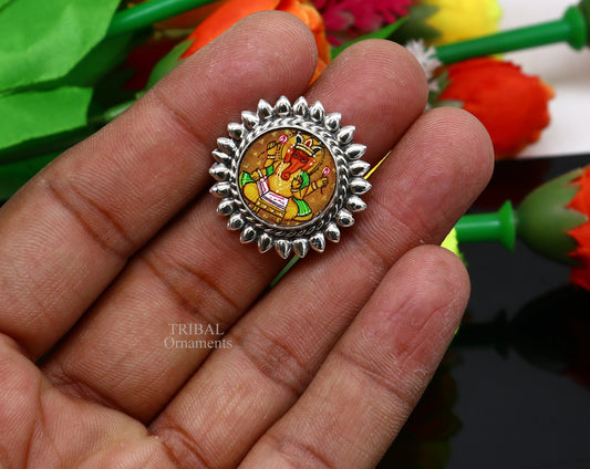 925 sterling silver adjustable ring band fabulous lord Ganesh studying miniature art painting frame ring Stylish ethnic jewelry RRing529 - TRIBAL ORNAMENTS