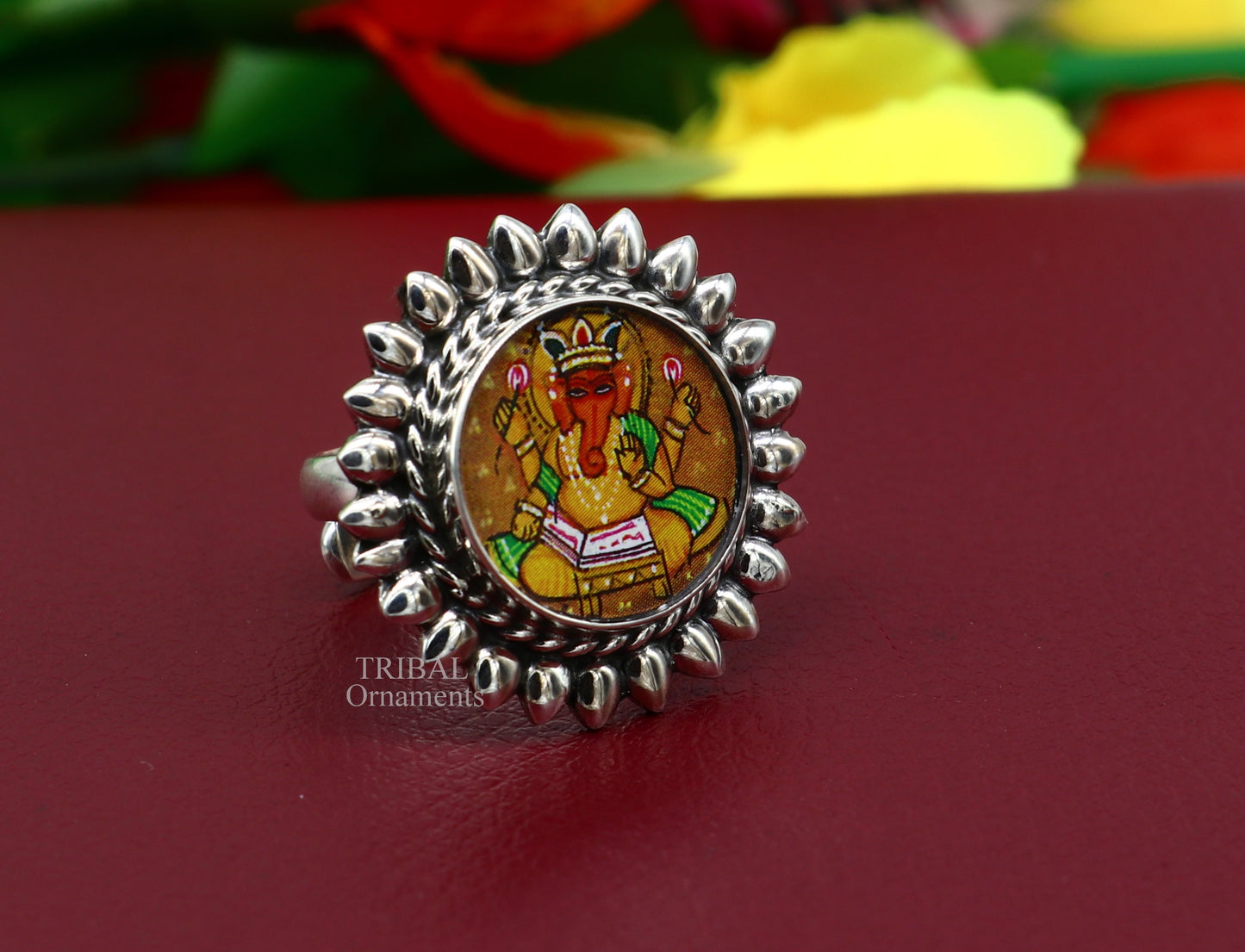 925 sterling silver adjustable ring band fabulous lord Ganesh studying miniature art painting frame ring Stylish ethnic jewelry RRing529 - TRIBAL ORNAMENTS