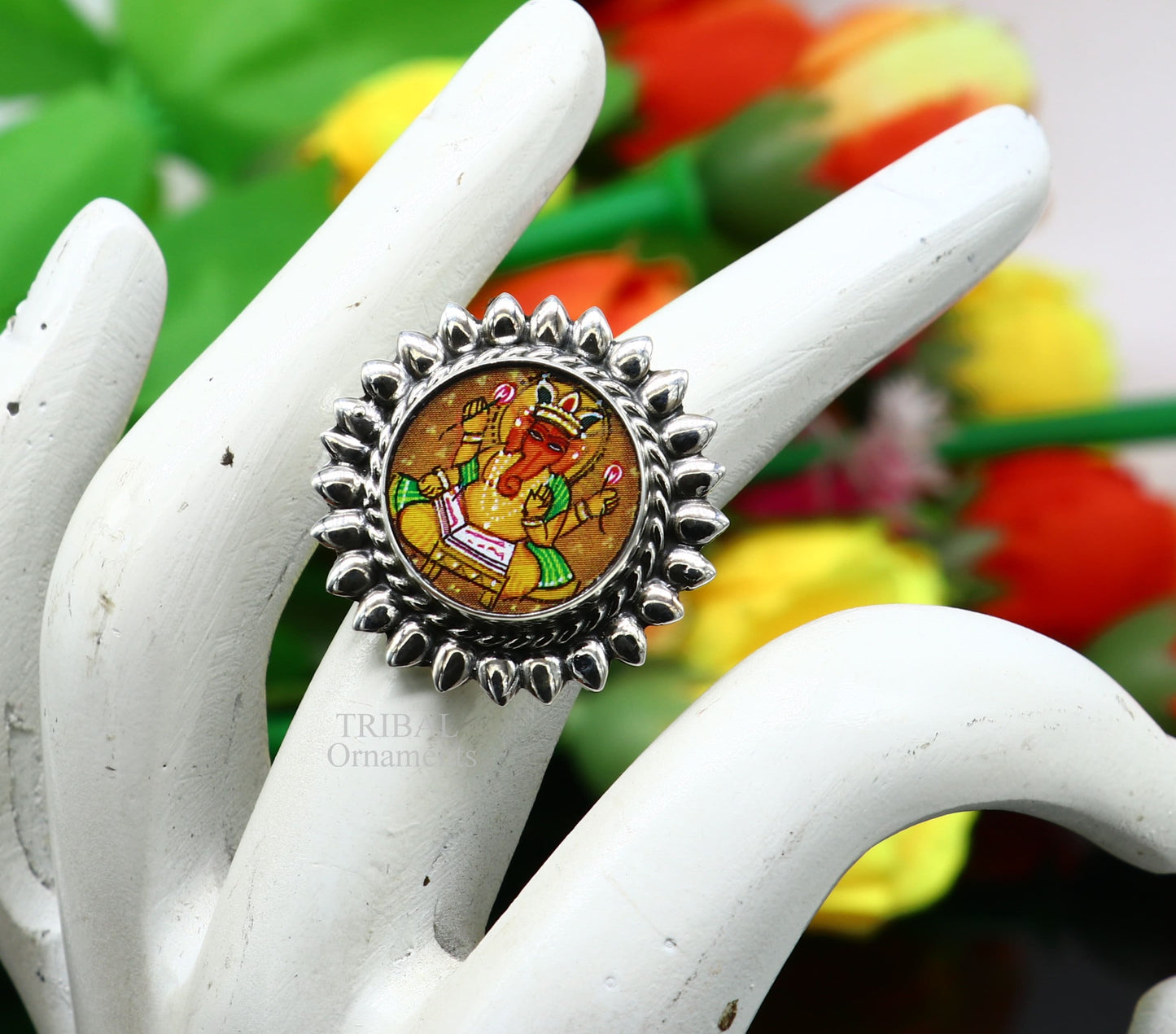 925 sterling silver adjustable ring band fabulous lord Ganesh studying miniature art painting frame ring Stylish ethnic jewelry RRing529 - TRIBAL ORNAMENTS