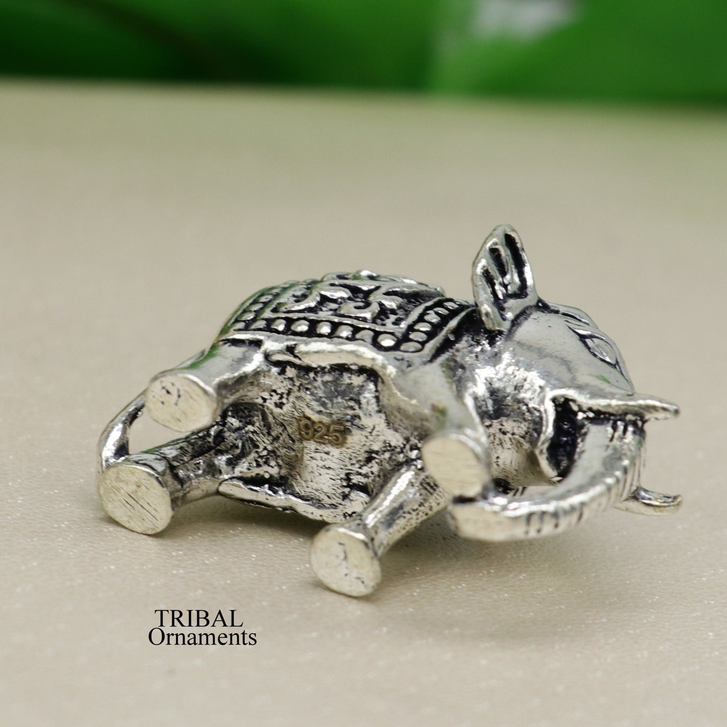 Solid 925 Sterling silver Kandrai work floral design customized Elephant statue, puja article figurine for wealth and prosperity art498 - TRIBAL ORNAMENTS