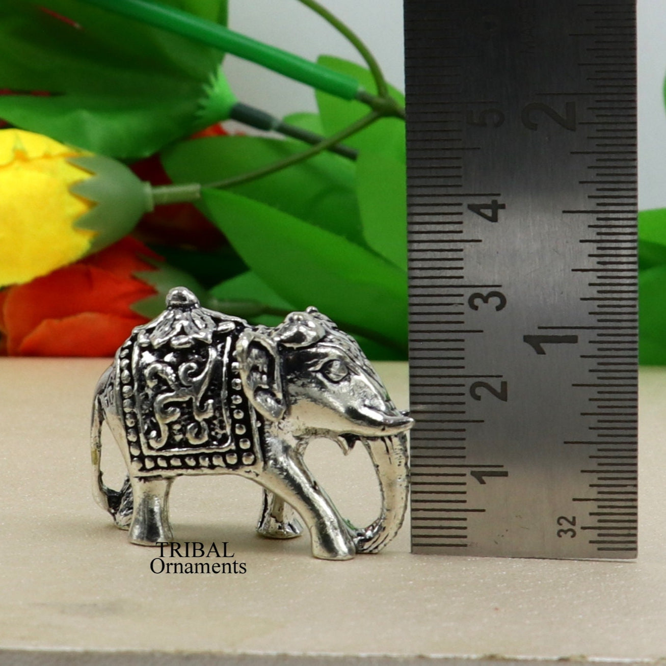 Solid 925 Sterling silver Kandrai work floral design customized Elephant statue, puja article figurine for wealth and prosperity art498 - TRIBAL ORNAMENTS