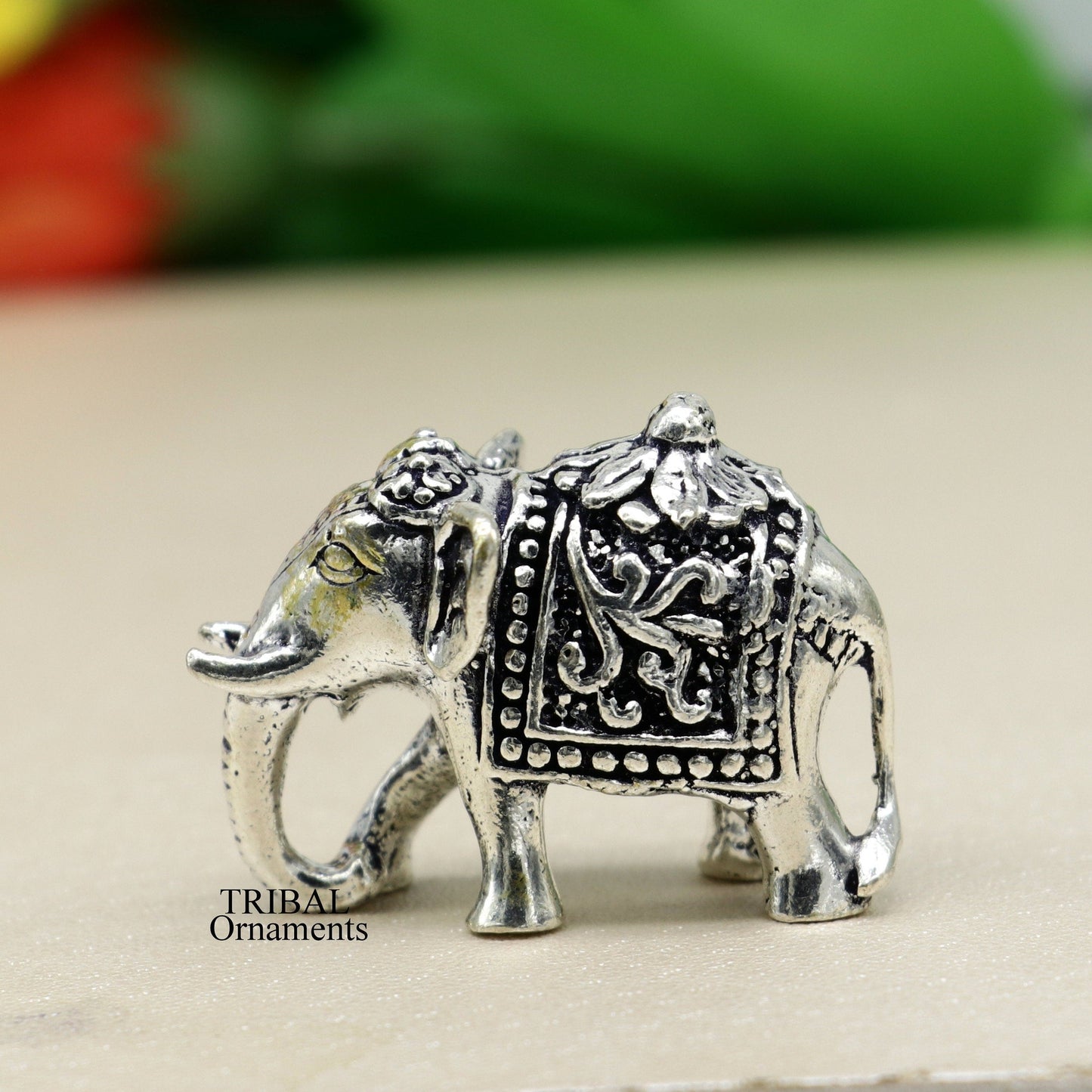 Solid 925 Sterling silver Kandrai work floral design customized Elephant statue, puja article figurine for wealth and prosperity art498 - TRIBAL ORNAMENTS