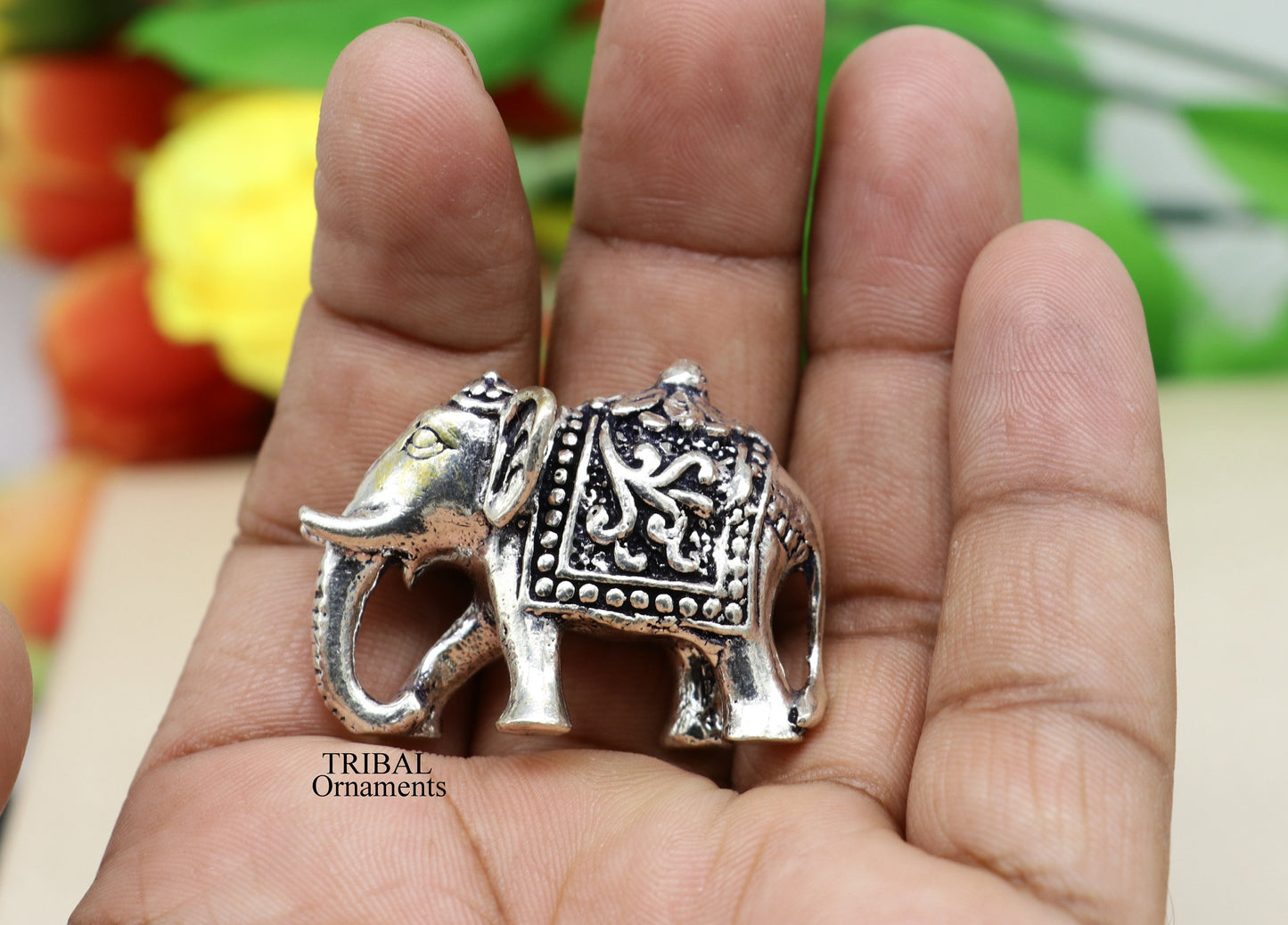 Solid 925 Sterling silver Kandrai work floral design customized Elephant statue, puja article figurine for wealth and prosperity art498 - TRIBAL ORNAMENTS