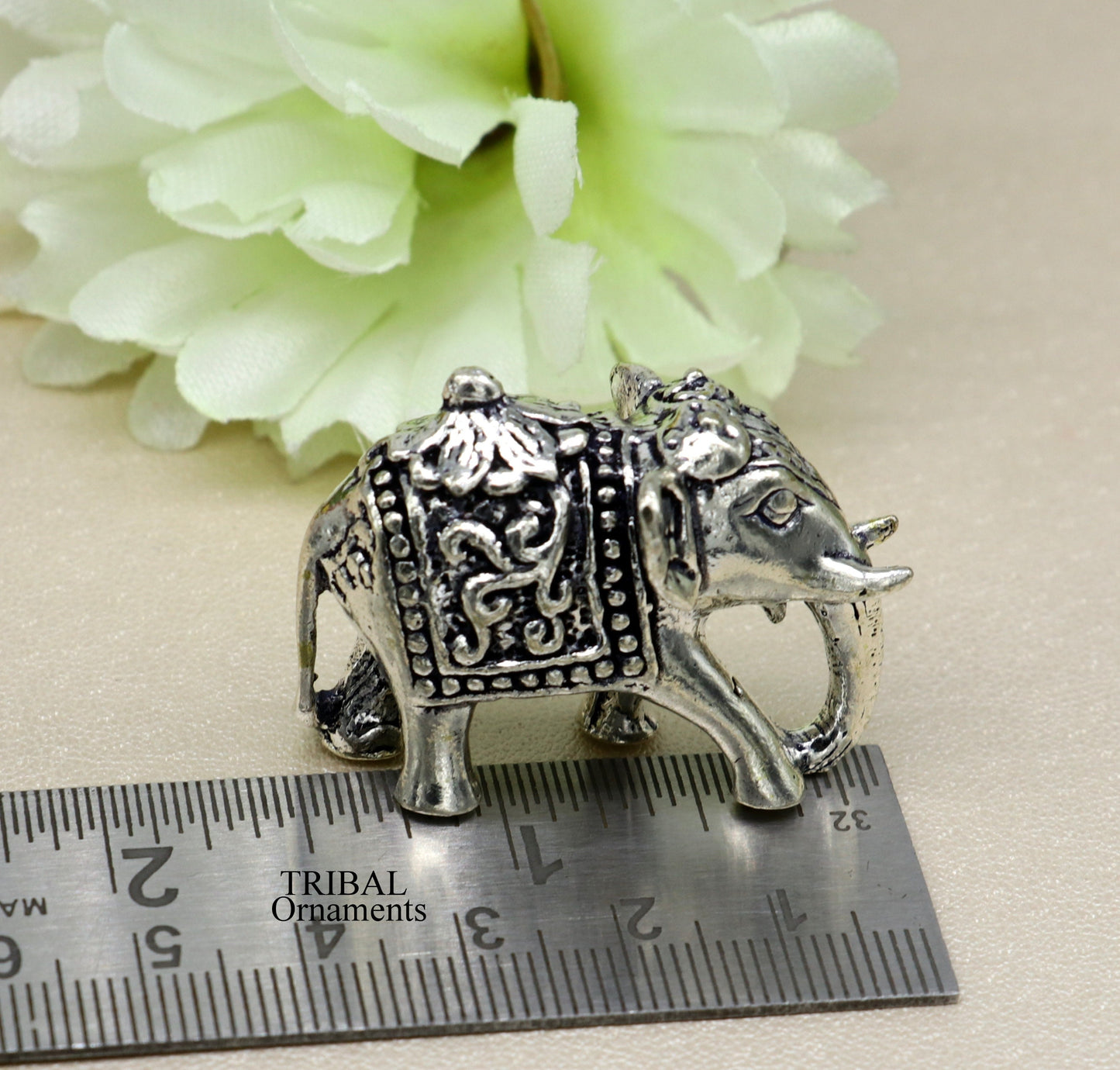 Solid 925 Sterling silver Kandrai work floral design customized Elephant statue, puja article figurine for wealth and prosperity art498 - TRIBAL ORNAMENTS