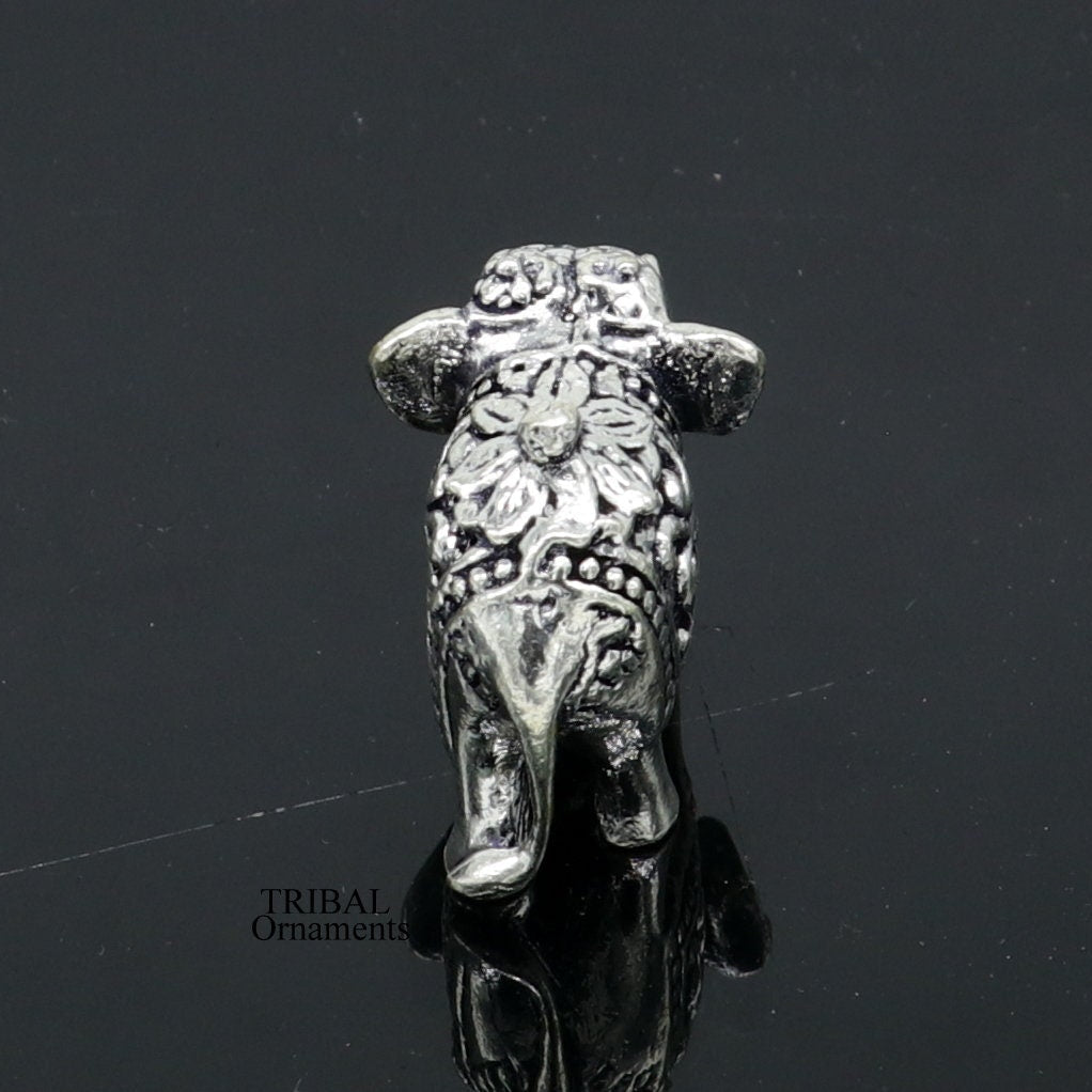 Solid 925 Sterling silver Kandrai work floral design customized Elephant statue, puja article figurine for wealth and prosperity art498 - TRIBAL ORNAMENTS
