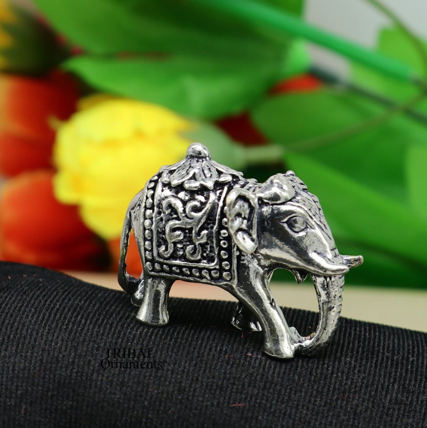 Solid 925 Sterling silver Kandrai work floral design customized Elephant statue, puja article figurine for wealth and prosperity art498 - TRIBAL ORNAMENTS