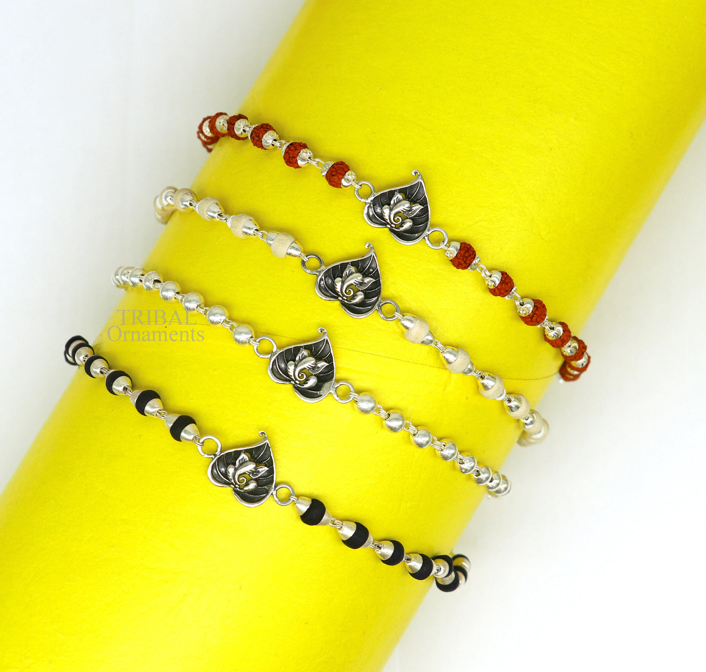 925 sterling silver handmade lord Ganesha on Paan(betel leaf) design Rakhi bracelet, with amazing Rudraksha, Tulsi beaded bracelet rk182 - TRIBAL ORNAMENTS