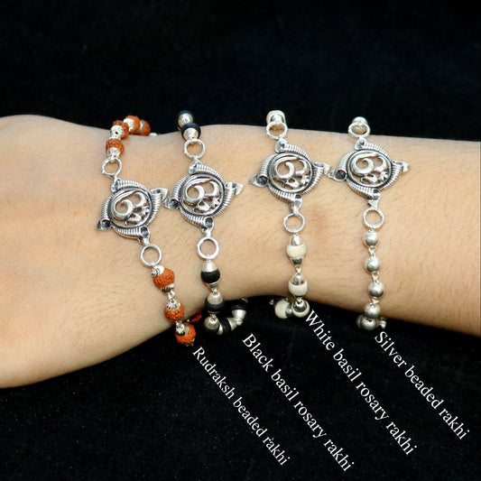 Divine Aum OM Rakhi 925 sterling silver handmade stylish gorgeous Rakhi bracelet, amazing Rudraksha, Tulsi beaded bracelet Rakhi rk186 - TRIBAL ORNAMENTS