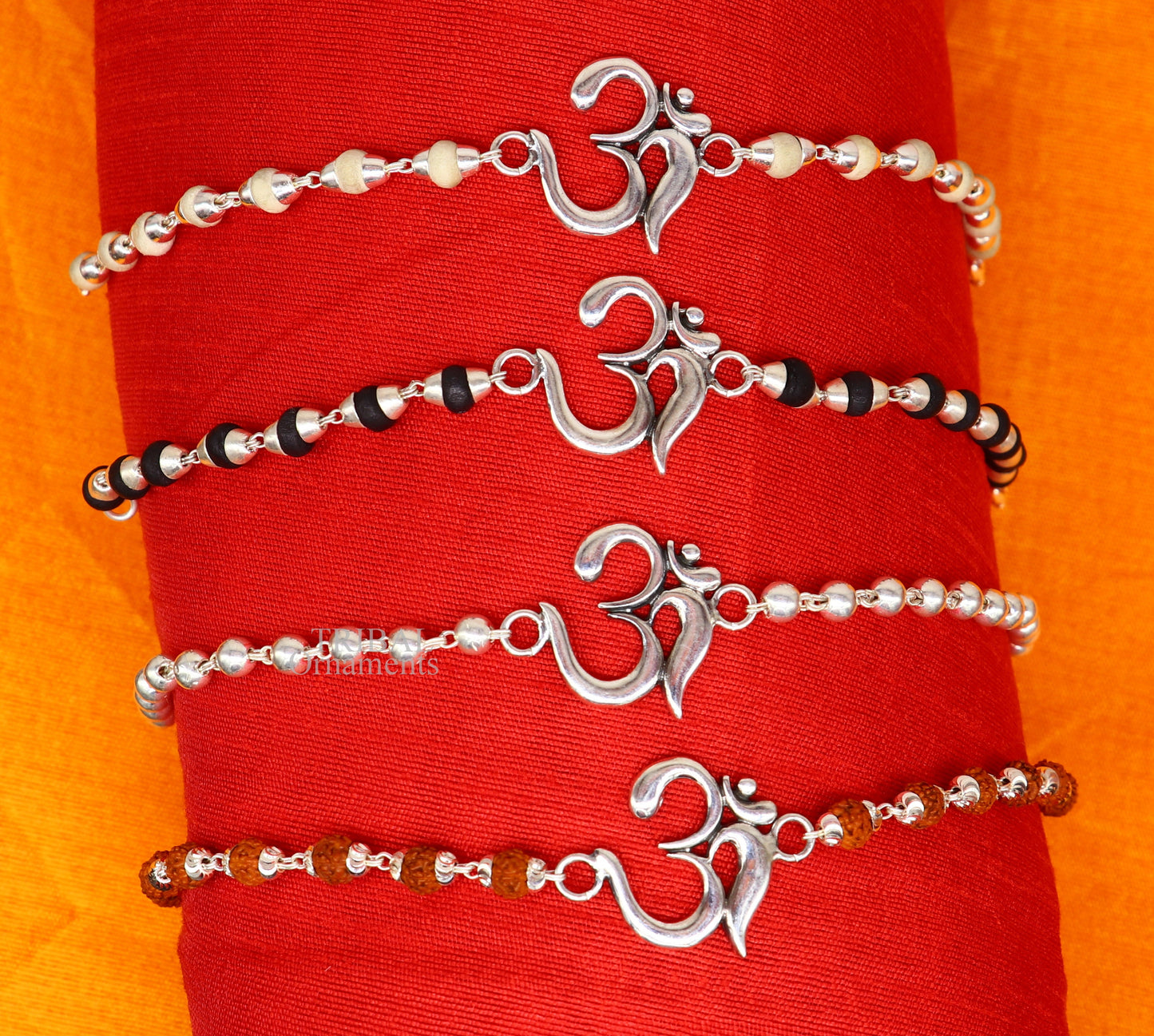 925 sterling silver handmade Mantra Aum OM design Rakhi bracelet amazing Rudraksha or Tulsi beaded bracelet, use as daily use jewelry rk189 - TRIBAL ORNAMENTS