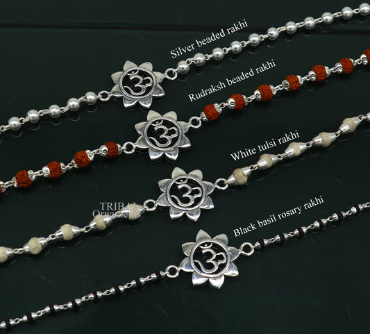 925 sterling silver handmade flower Aum OM design Rakhi bracelet amazing Rudraksha or Tulsi beaded bracelet, use as daily use jewelry rk190 - TRIBAL ORNAMENTS