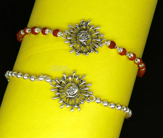 Silver Ganesha Rakhi 925 Sterling silver Rakhi bracelet with rudrakh beads best gift for your brother's for special gifting rk196 - TRIBAL ORNAMENTS