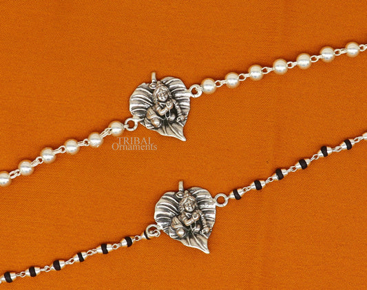 Amazing Krishna Laddu Gopala Rakhi 925 sterling silver handmade Rakhi bracelet, amazing black Tulsi beaded and silver bracelet rk205 - TRIBAL ORNAMENTS