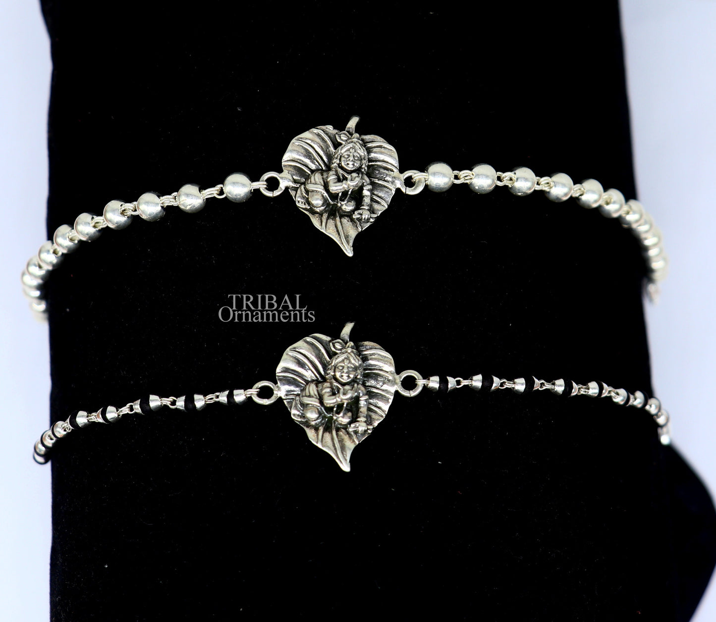 Amazing Krishna Laddu Gopala Rakhi 925 sterling silver handmade Rakhi bracelet, amazing black Tulsi beaded and silver bracelet rk205 - TRIBAL ORNAMENTS