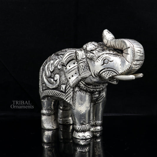 4" 999 fine silver Nakshi work design wooden base upper trunk Elephant statue, puja article figurine, home wealth and prosperity art530 - TRIBAL ORNAMENTS