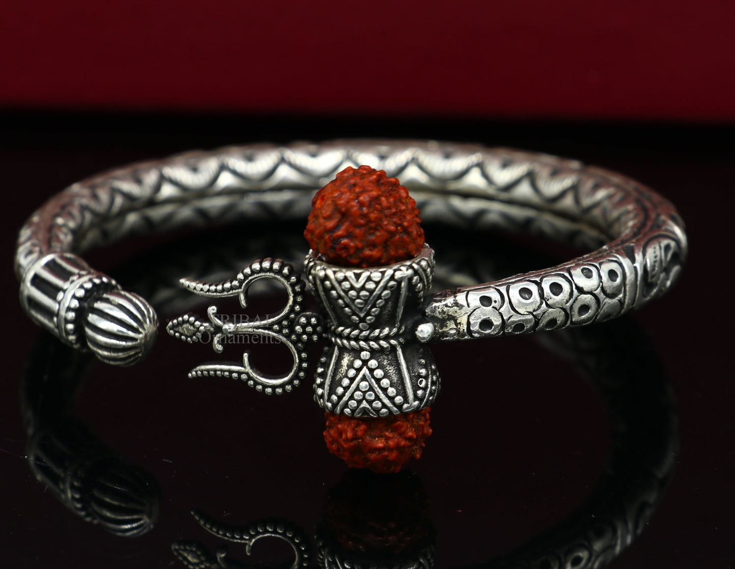 925 Sterling silver handmade chitai work Lord Shiva trident trishul kada bangle bracelet with natural Rudraksha customized kada nssk757 - TRIBAL ORNAMENTS