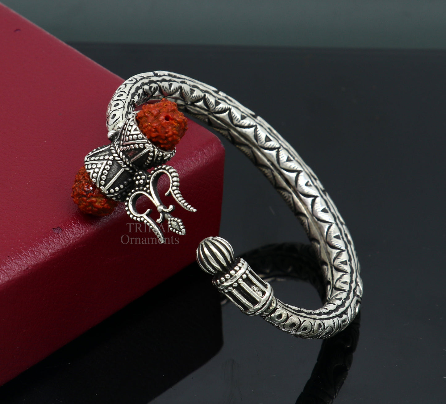 925 Sterling silver handmade chitai work Lord Shiva trident trishul kada bangle bracelet with natural Rudraksha customized kada nssk757 - TRIBAL ORNAMENTS