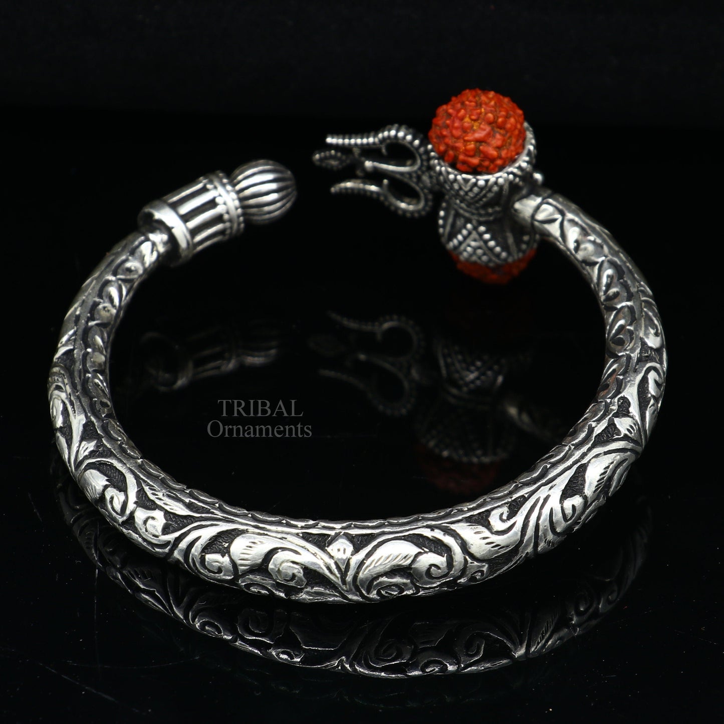 925 Sterling silver handmade chitai work Lord Shiva trident trishul kada bangle bracelet natural Rudraksha customized Bahubali kada nssk755 - TRIBAL ORNAMENTS