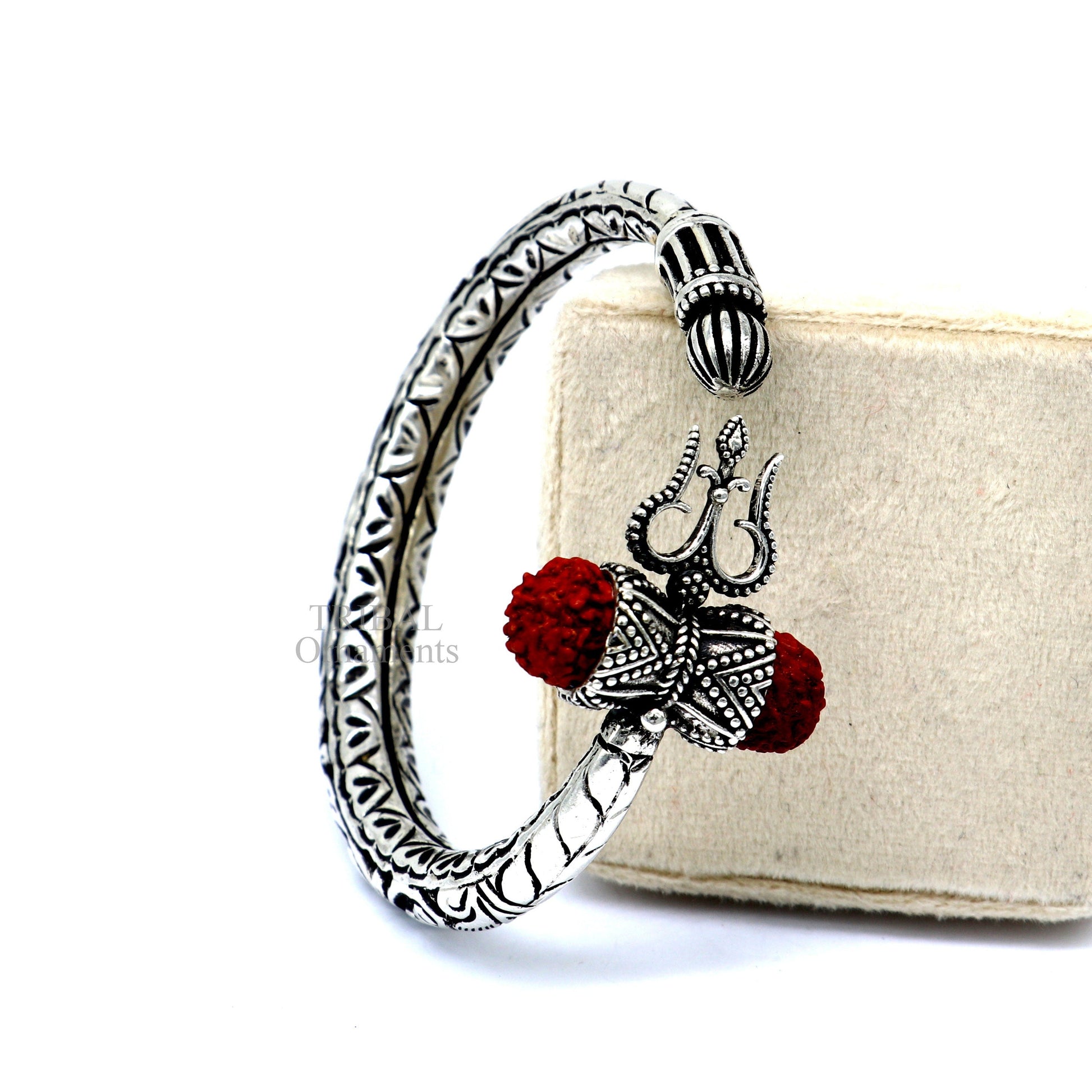 925 Sterling silver handmade chitai work Lord Shiva trident trishul kada bangle bracelet natural Rudraksha customized Bahubali kada nssk755 - TRIBAL ORNAMENTS
