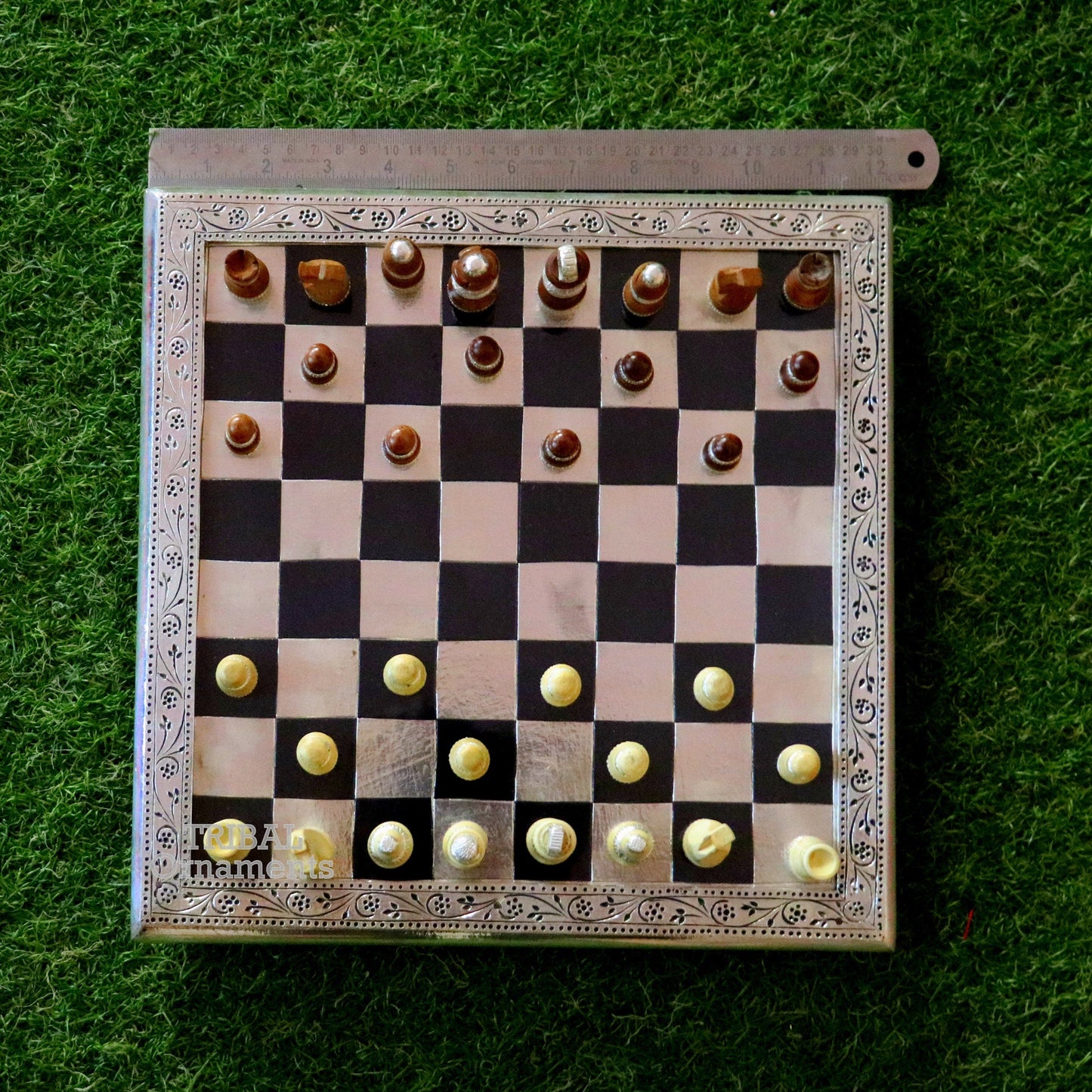925 sterling silver work chessboard, Amazing customized handcrafted design on wooden base, fabulous Royal silver article from india fr11 - TRIBAL ORNAMENTS