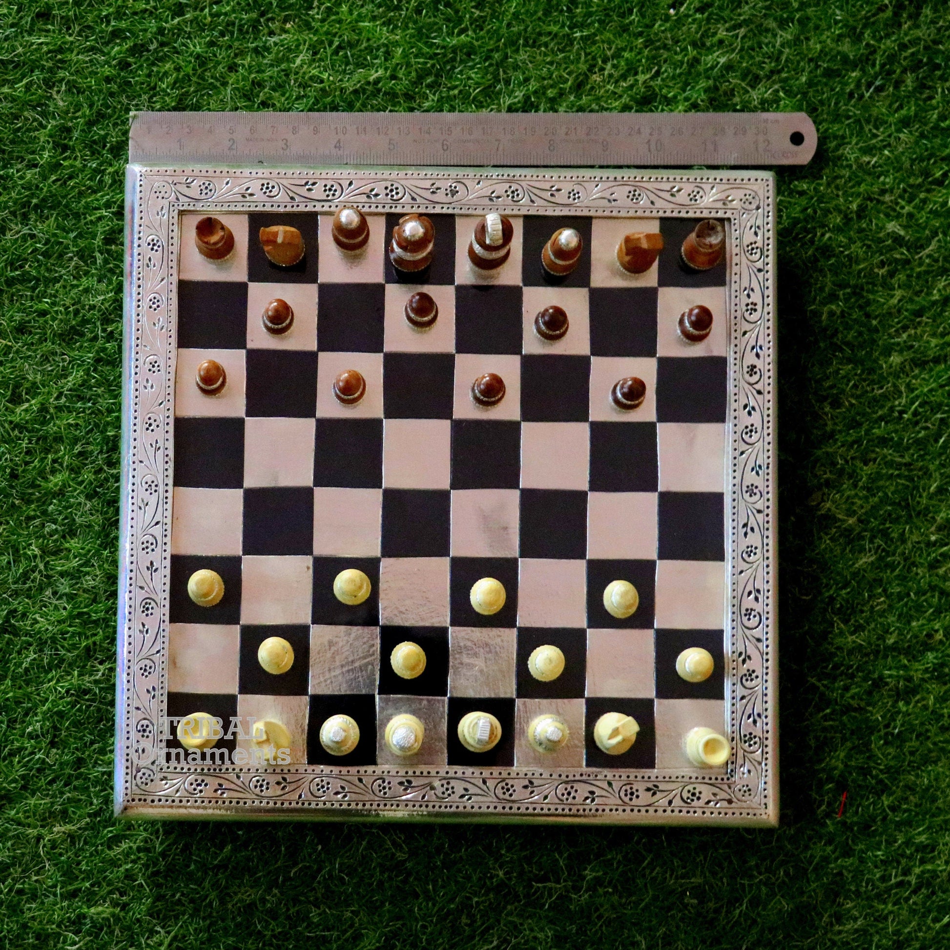 925 sterling silver work chessboard, Amazing customized handcrafted design on wooden base, fabulous Royal silver article from india fr11 - TRIBAL ORNAMENTS