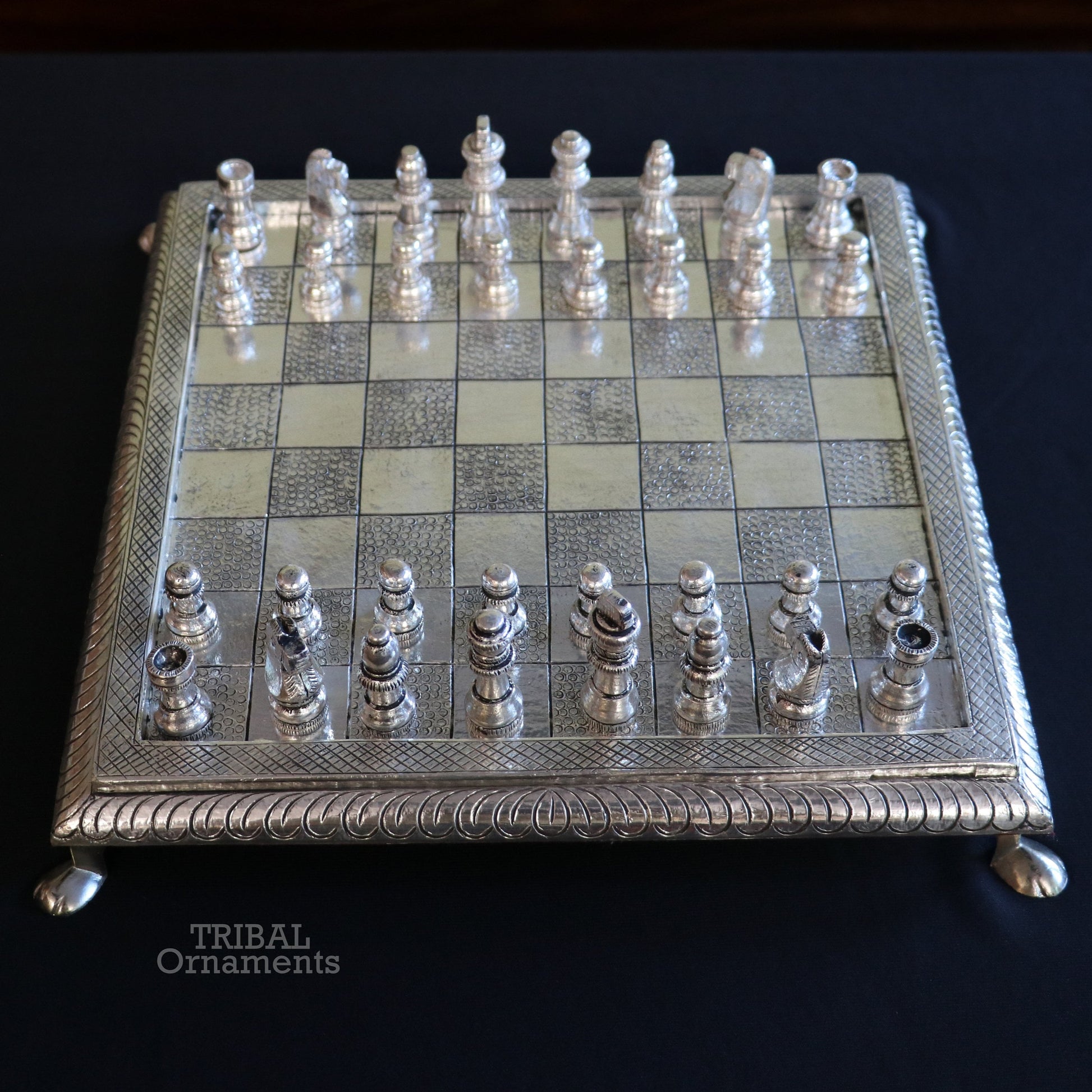 12" x 12" 925 sterling silver work chessboard, Amazing handcrafted design on wooden base, fabulous Royal silver article from india fr13 - TRIBAL ORNAMENTS