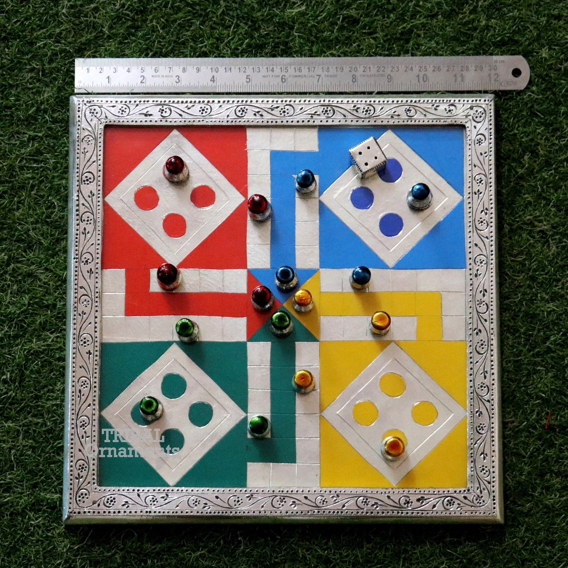 925 sterling silver handcrafted work LUDO Game board, Amazing handcrafted design on wooden base, fabulous Royal silver article gift fr14 - TRIBAL ORNAMENTS