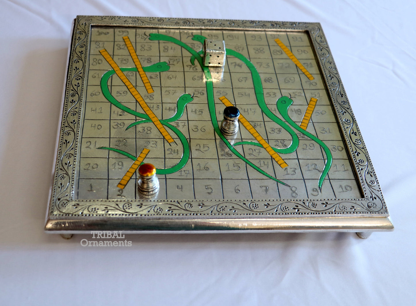 925 sterling silver handcrafted solid silver work snake and ladders game wooden base board, amazing vintage style classical games sf16 - TRIBAL ORNAMENTS
