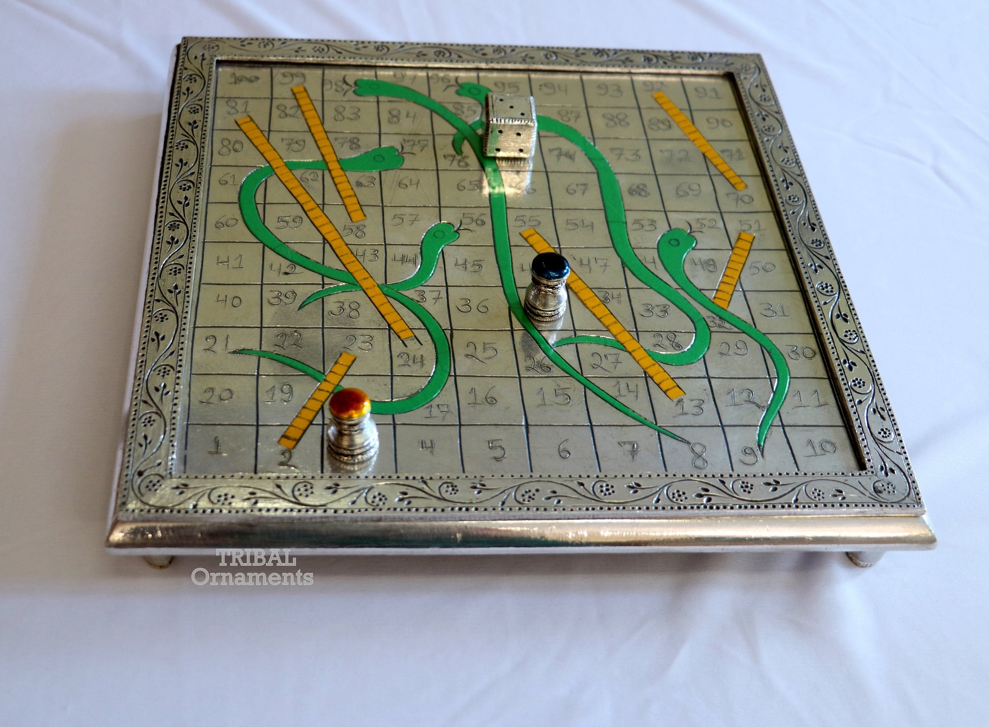 925 sterling silver handcrafted solid silver work snake and ladders game wooden base board, amazing vintage style classical games sf16 - TRIBAL ORNAMENTS