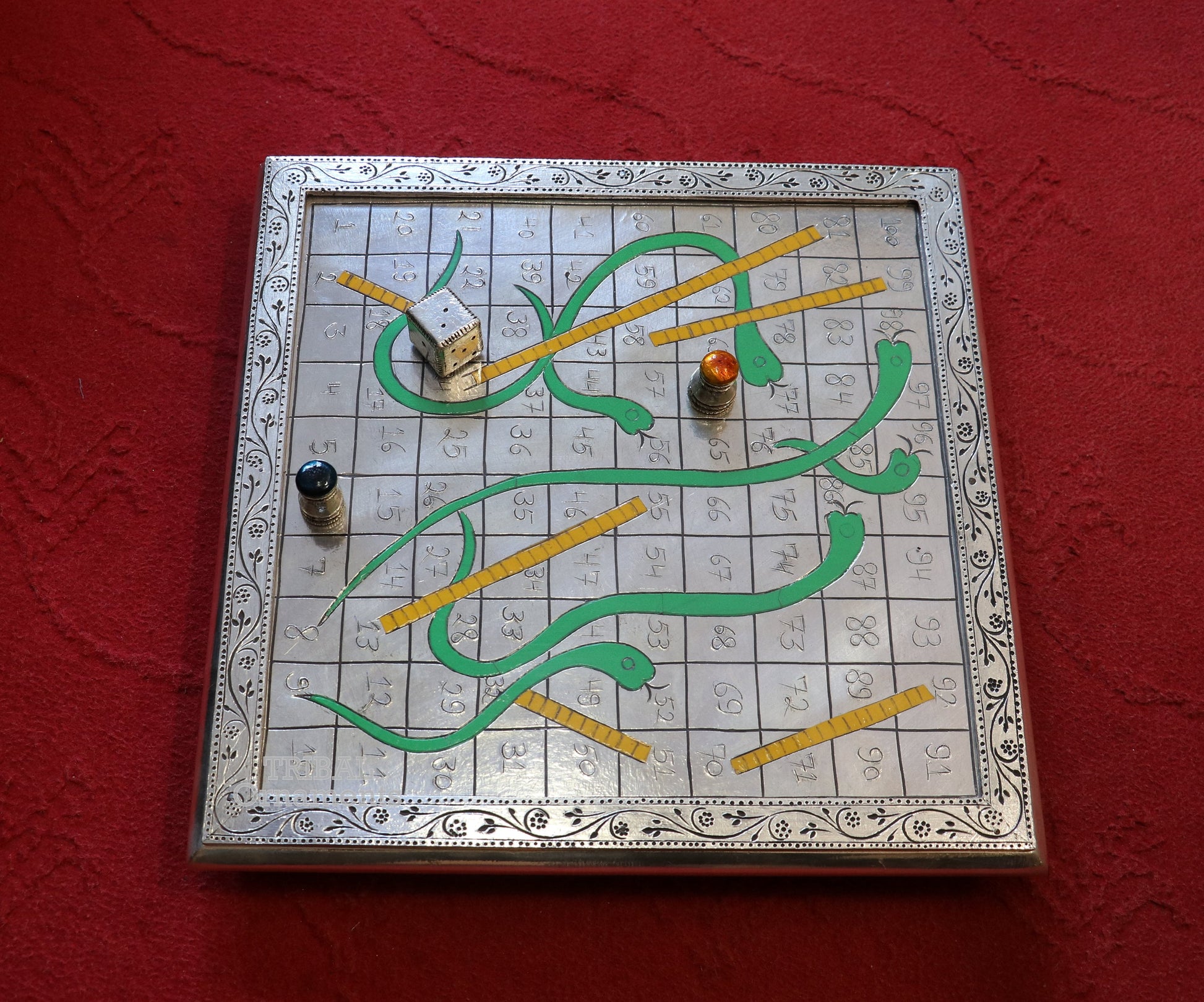 925 sterling silver handcrafted solid silver work snake and ladders game wooden base board, amazing vintage style classical games sf16 - TRIBAL ORNAMENTS