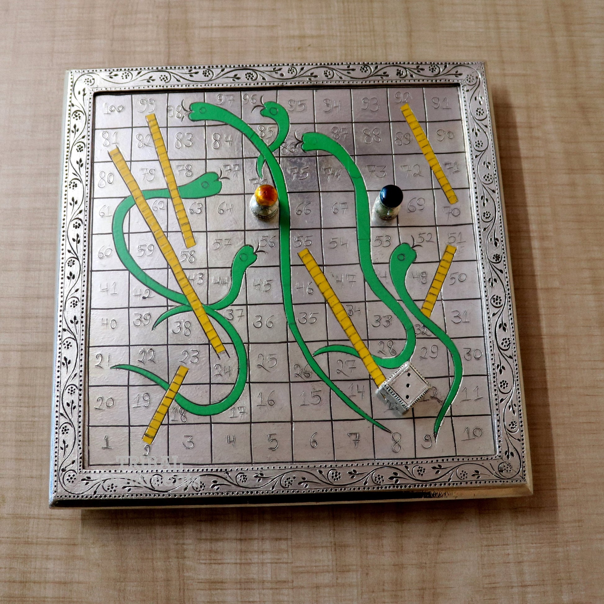 925 sterling silver handcrafted solid silver work snake and ladders game wooden base board, amazing vintage style classical games sf16 - TRIBAL ORNAMENTS