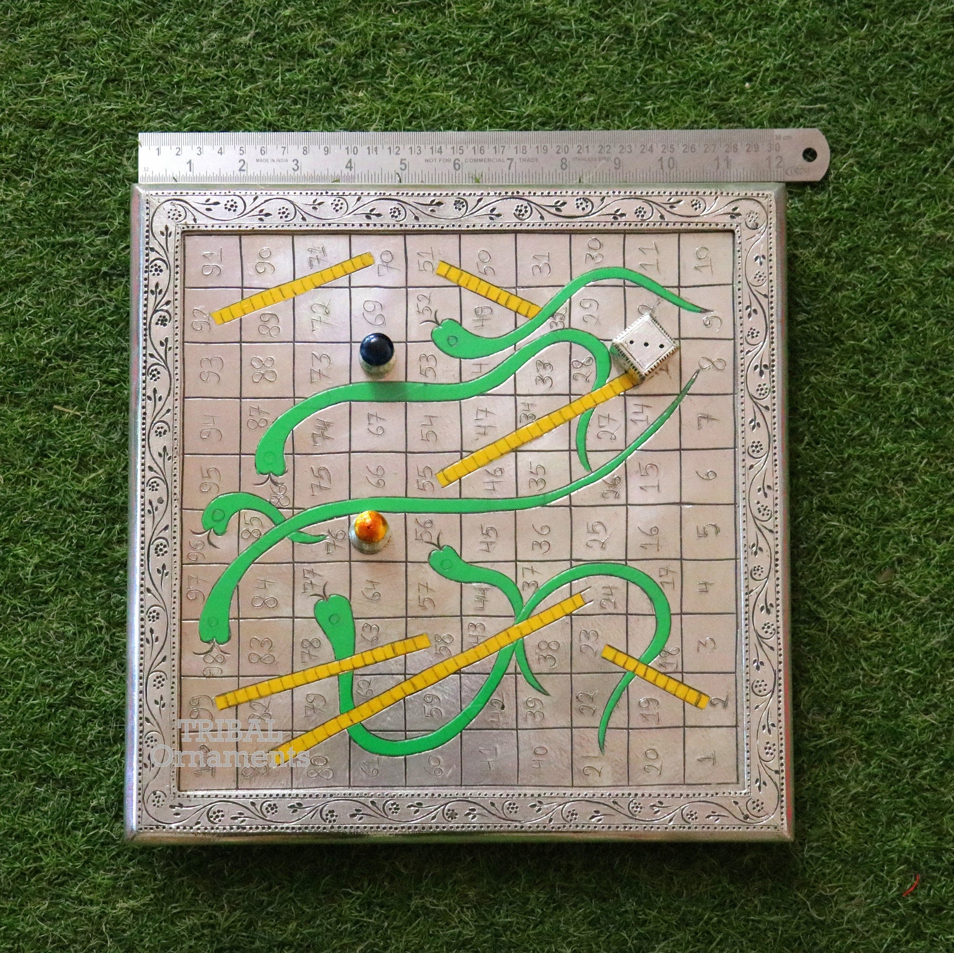 925 sterling silver handcrafted solid silver work snake and ladders game wooden base board, amazing vintage style classical games sf16 - TRIBAL ORNAMENTS