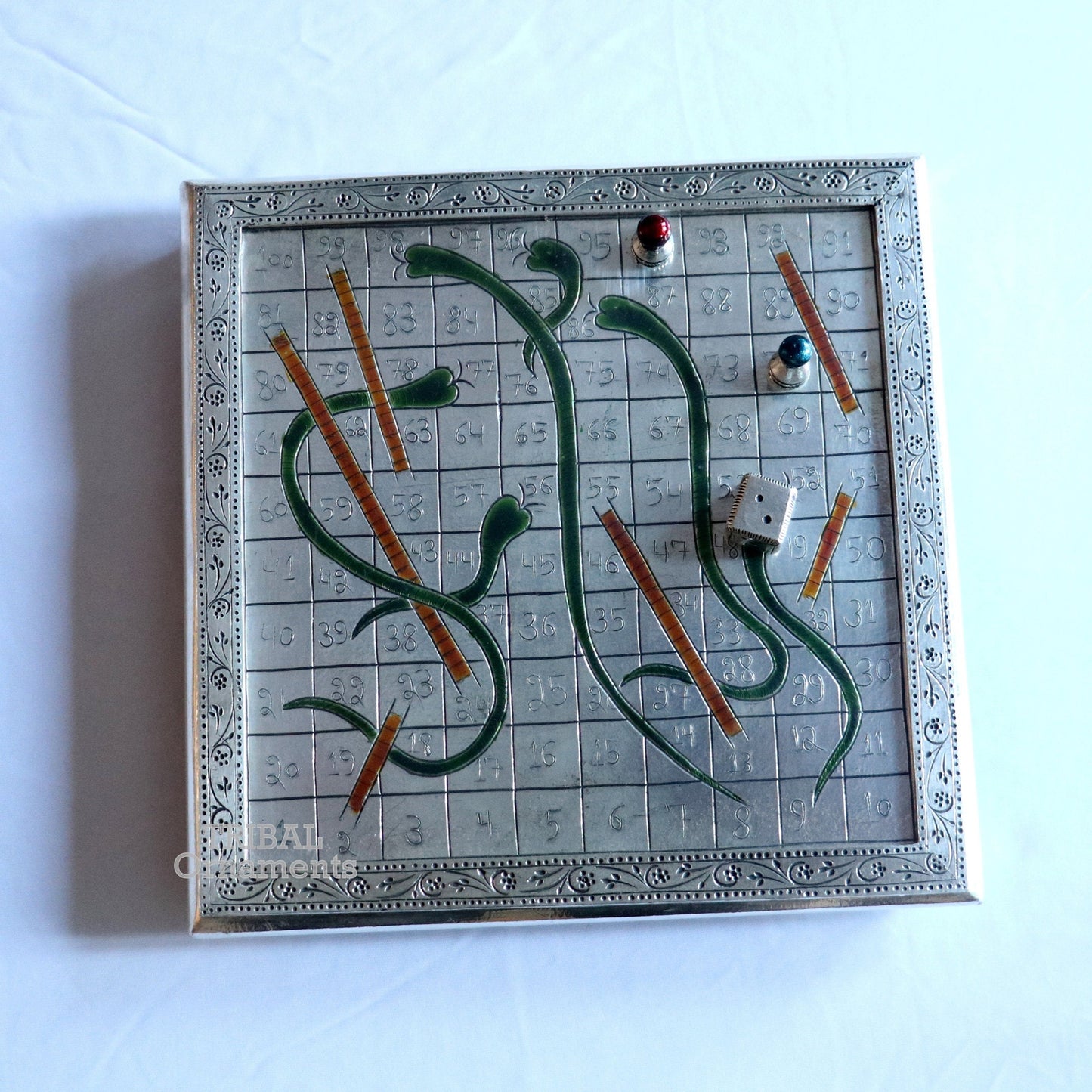 925 sterling silver handcrafted solid silver work snake and ladders game wooden base board, amazing vintage style classical games sf17 - TRIBAL ORNAMENTS