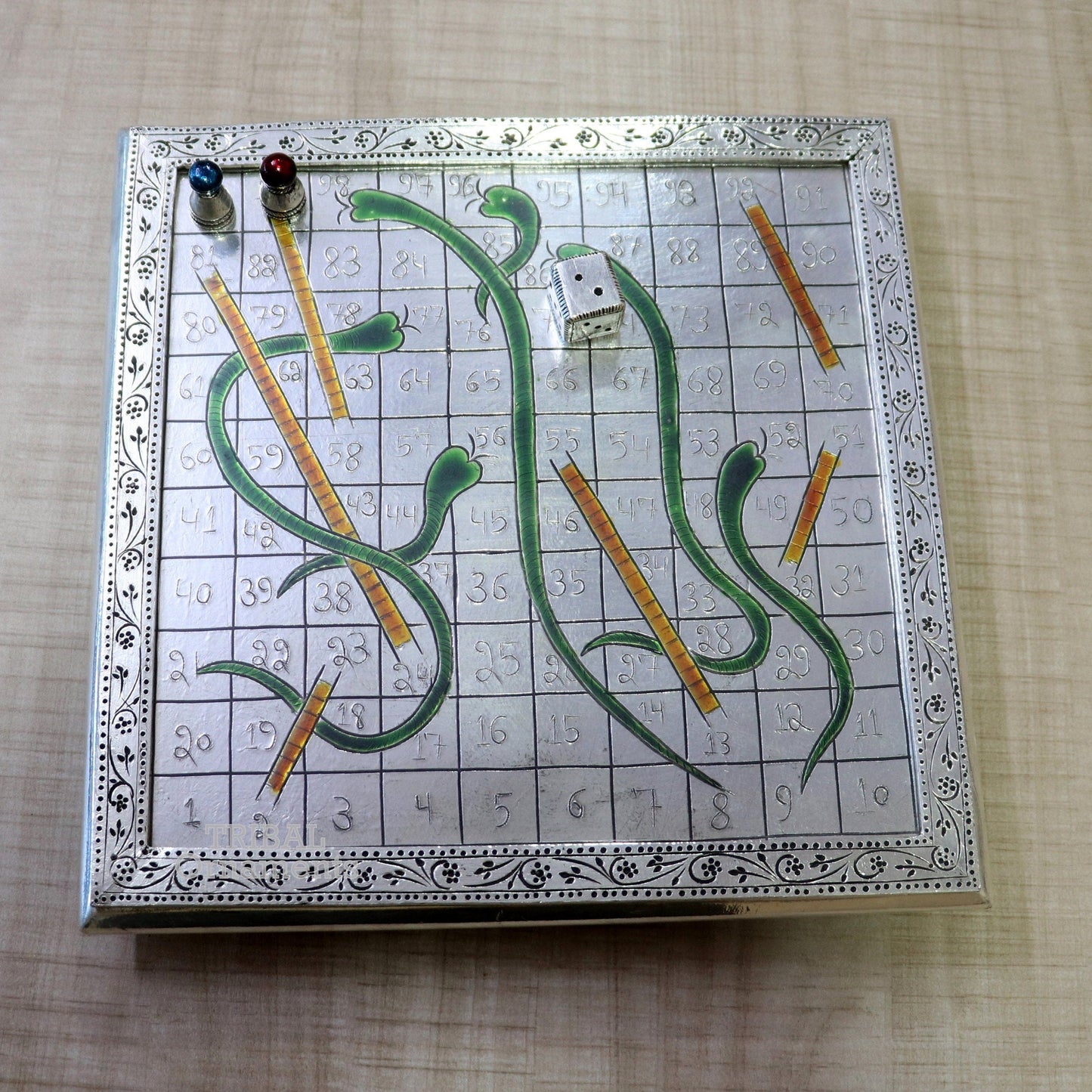 925 sterling silver handcrafted solid silver work snake and ladders game wooden base board, amazing vintage style classical games sf17 - TRIBAL ORNAMENTS