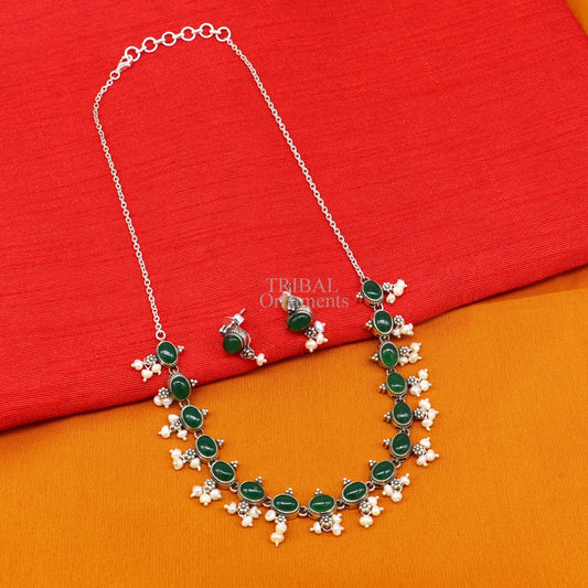 925 sterling silver handmade gorgeous green onyx and pearls vintage stylish necklace, wedding brides charm customized jewelry set339 - TRIBAL ORNAMENTS