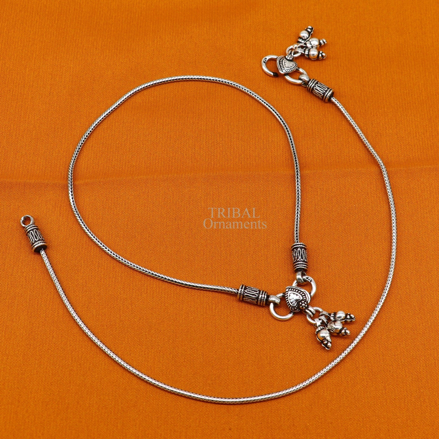 10.5" 925 Sterling silver handmade wheat chain ankle bracelet, vintage oxidized charm anklets, tribal belly dance customized jewelry nank468 - TRIBAL ORNAMENTS