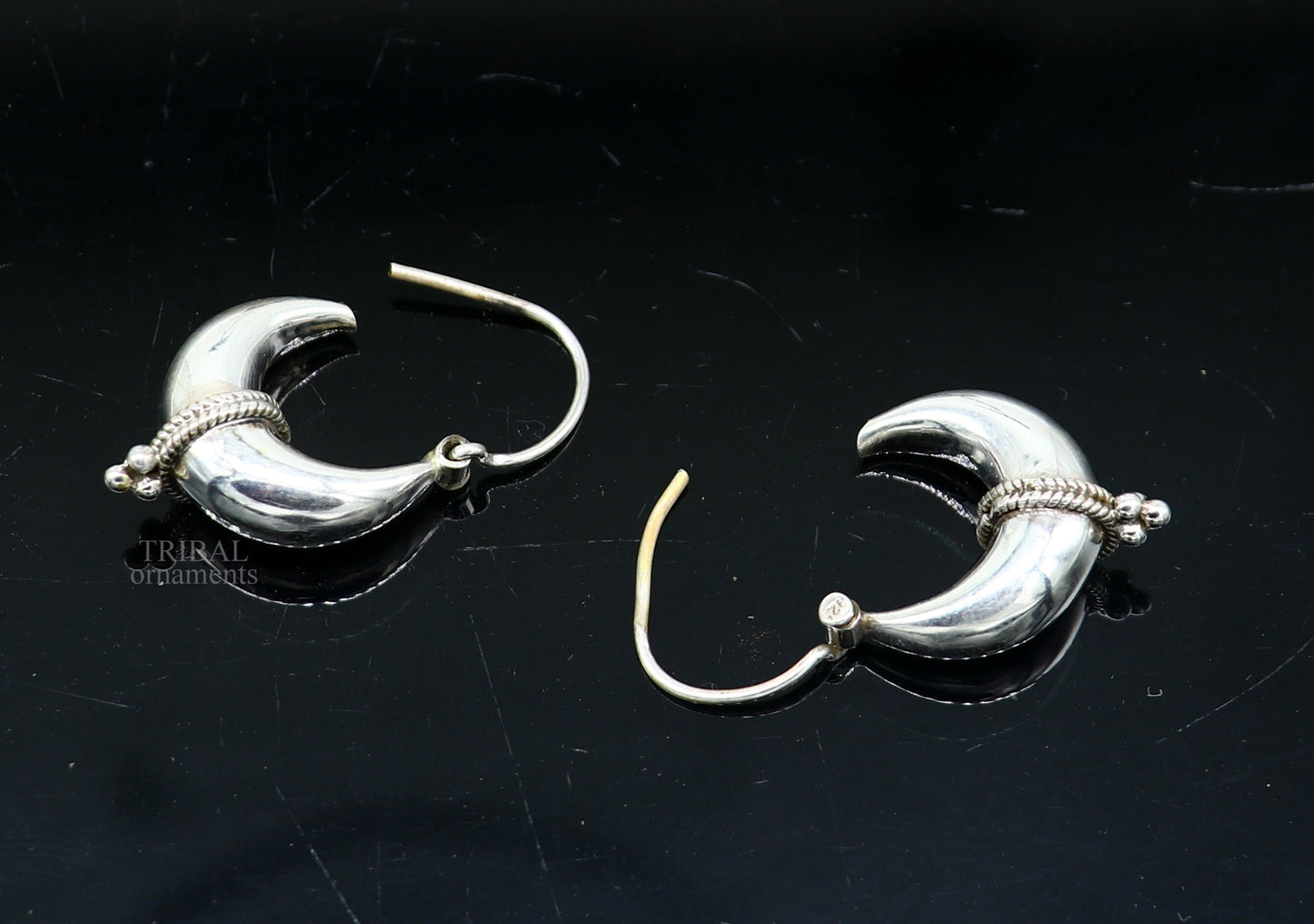 Exclusive 925 sterling silver Handmade vintage ethnic style hoops earrings Kundal unisex tribal stylish unique Bali jewelry India ear1236 - TRIBAL ORNAMENTS