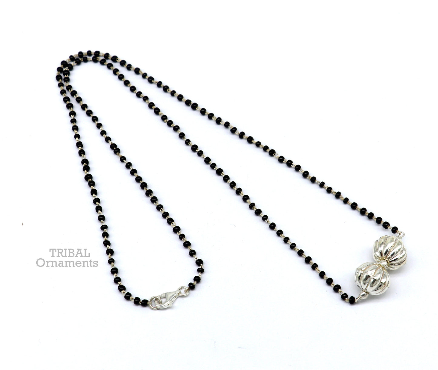 Pure 925 sterling silver black beads chain necklace, vintage ball pendant, traditional style brides Mangalsutra necklace set445 - TRIBAL ORNAMENTS