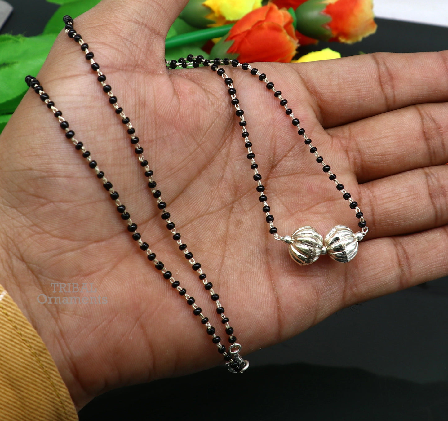 Pure 925 sterling silver black beads chain necklace, vintage ball pendant, traditional style brides Mangalsutra necklace set445 - TRIBAL ORNAMENTS