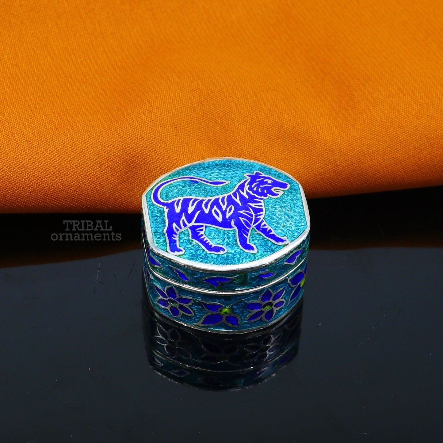 925 sterling silver trinket box, kajal box/casket box brides collection, lion enamel design container box, eyeliner box gifting stb366 - TRIBAL ORNAMENTS