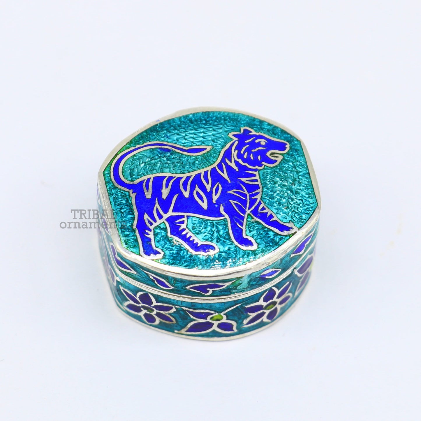 925 sterling silver trinket box, kajal box/casket box brides collection, lion enamel design container box, eyeliner box gifting stb366 - TRIBAL ORNAMENTS
